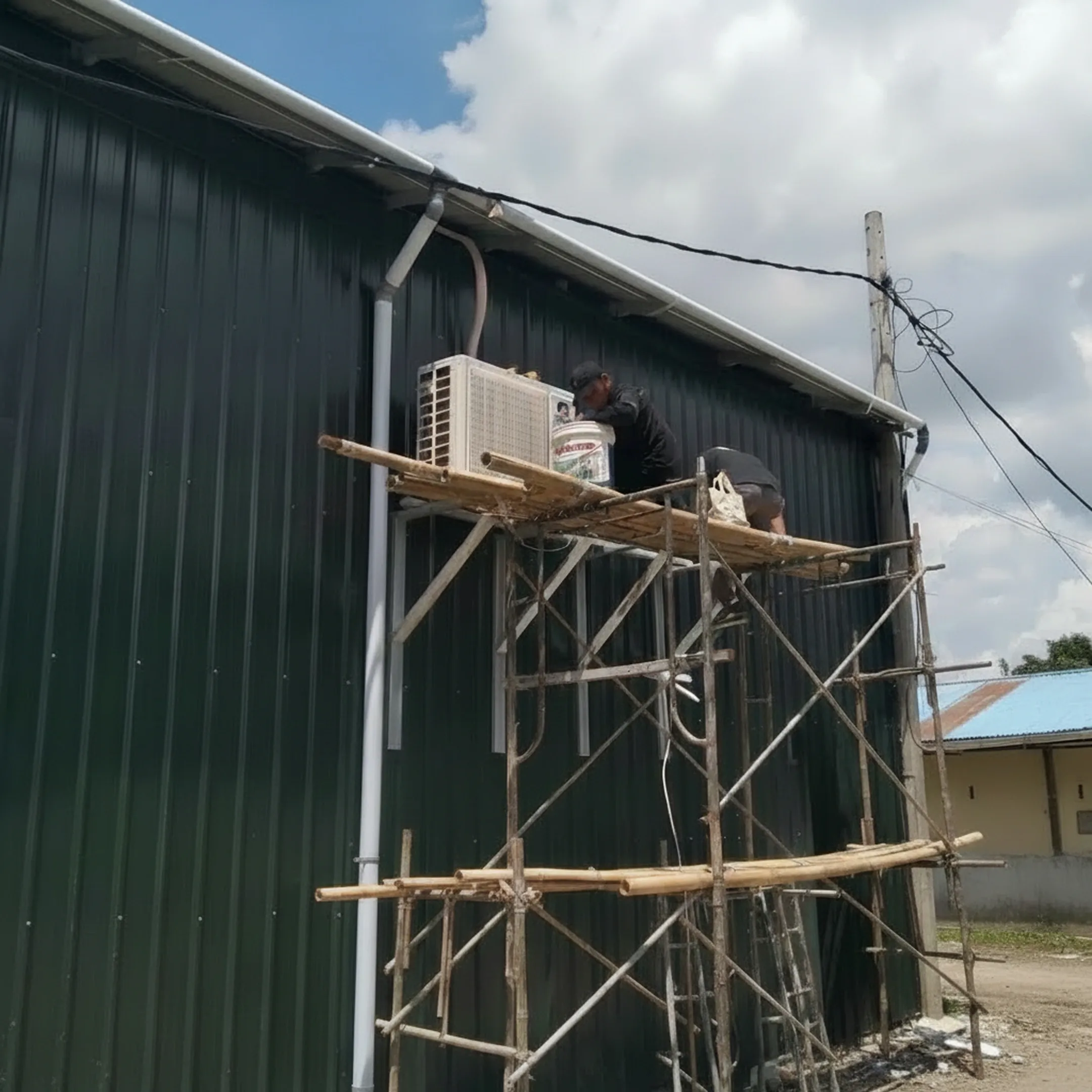 Teknisi memasang unit AC outdoor di atas scaffolding
