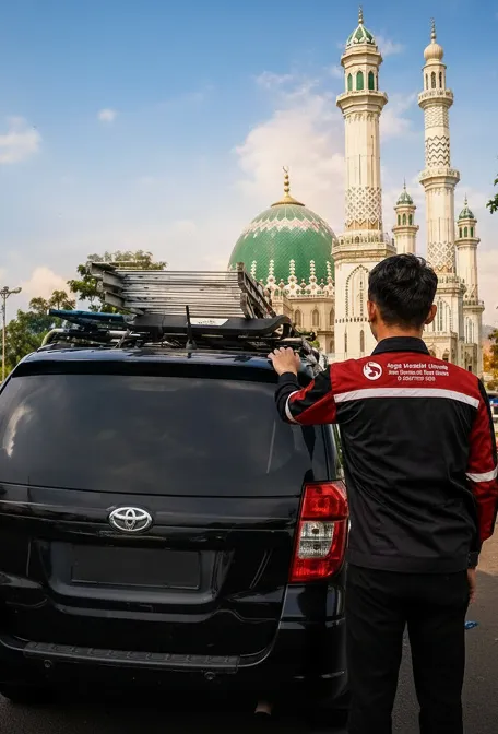 Teknisi Arga Mandiri Utama di samping mobil operasional dengan latar Masjid Raya Al Mashun Medan